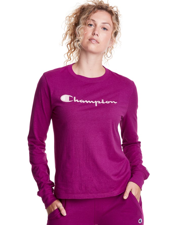 Champion T-Shirt Dames - Roze - Classic Long-Sleeve Script Logo ( 801376-FDO )